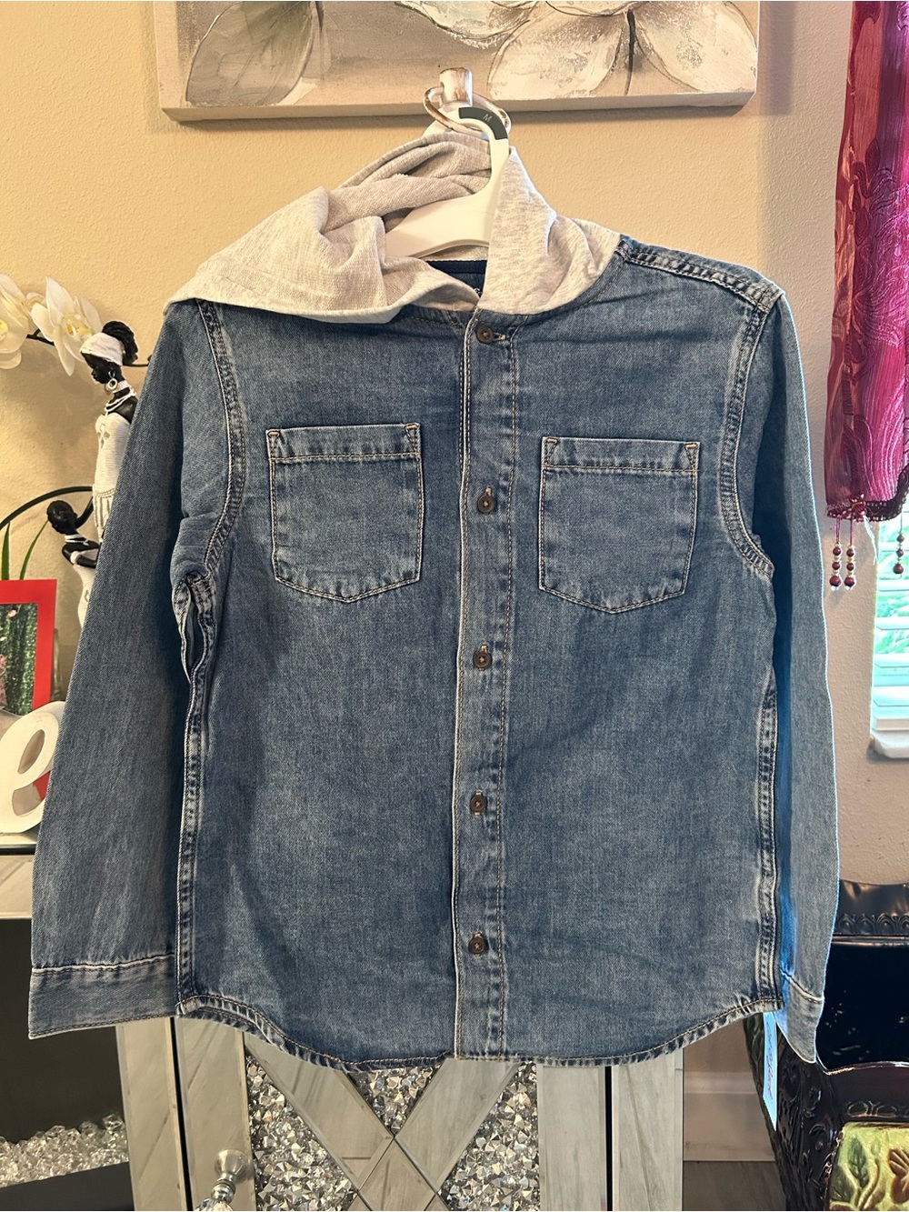 Cat & Jack Girls Blue Denim Jean Jacket with Gray Hood